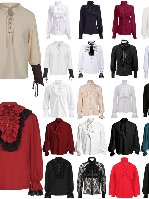 

Medieval Gothic Style Long Sleeve Lace Blouse for Women Halloween Cosplay Shirt Pure Color Top Men's Inner Wear Shirt