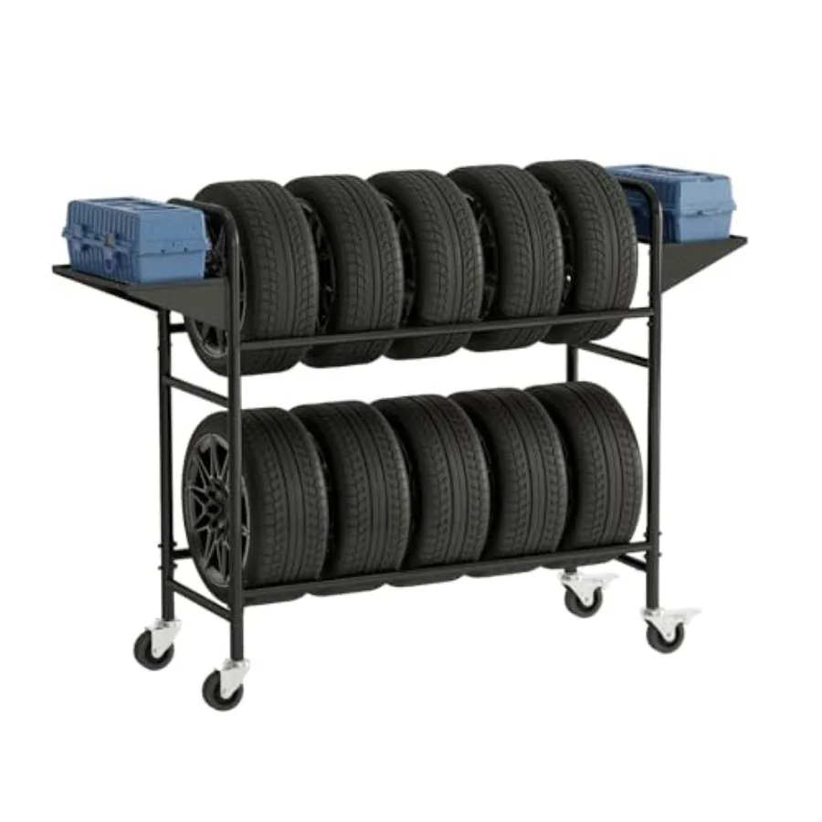 Adjustable Tire Storage Rack for Garage with 4 Swivel Casters and 2 Shelves Durable Rolling Tire Rack in Black Space-Saving Sto