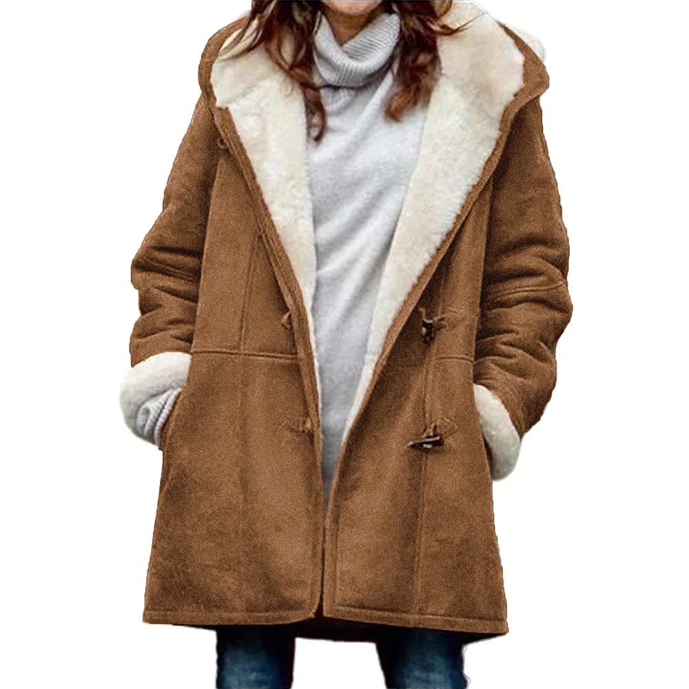 Cappotto da donna autunno inverno a maniche lunghe con fibbia in corno giacca calda in pile da donna con cappuccio