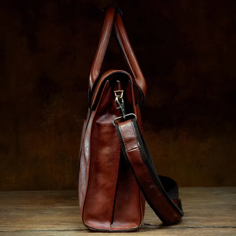 Handmade กระเป๋าถือหนังแท้ธุรกิจ Casual Premium Cowhide กระเป๋าเอกสารผู้ชายไหล่กระเป๋าคอมพิวเตอร์