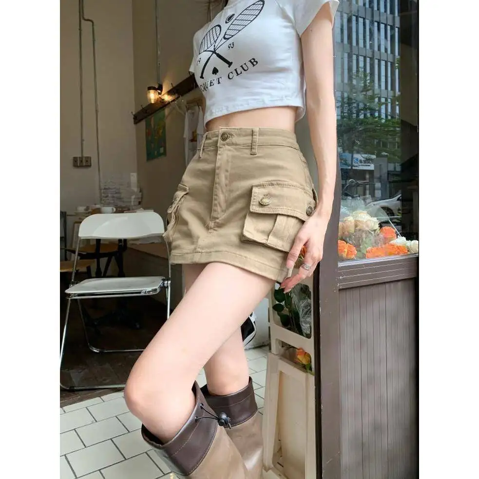 

Khaki Workwear Skirt Women Summer Sexy Denim Slimming Retro Skirt High Waist A-Line Short Skirts Prevent Exposure