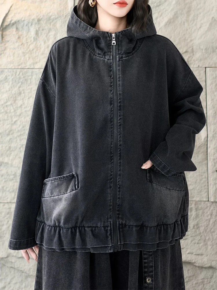 Amax LuluE 日本製ヴィンテージ風ルーズフード付きデニムジャケット レディース 2026 ファッション クラシック 無地コート レディース カジュアル オーバーサイズ アウターウェア