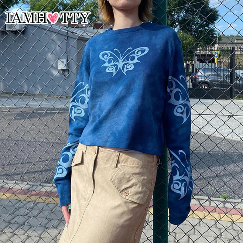 

IAMHOTTY Harajuku Tie Dye Butterfly Print Loose Top Blue Y2K Aesthetic Long Sleeve T-shirts Vintage Sweats Tops Autumn Pullovers