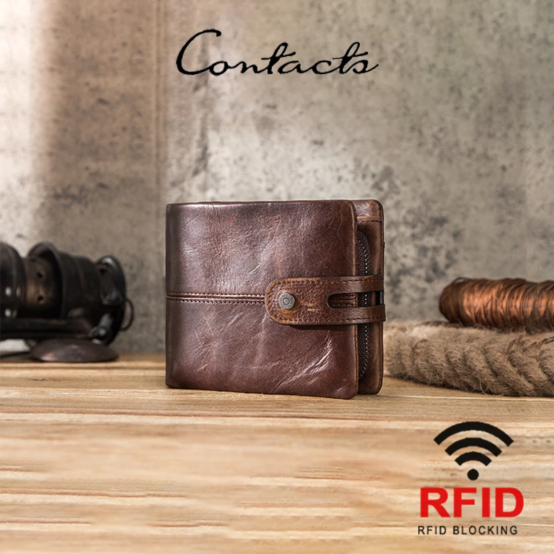 

CONTACT'S Retro Genuine Leather Wallet Men Short Bifold Casual Men Wallets RFID Card Holder Coin Purses Money Clip Men's Wallet