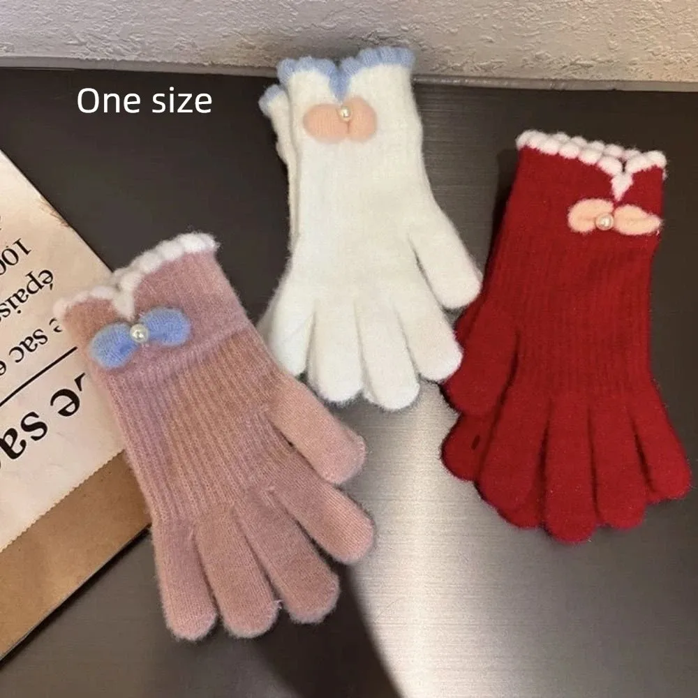 Full Finger Women Winter Warm Gloves Candy Colors Elasticity Touch Screen Knitted Gloves Bow-knot Windproof