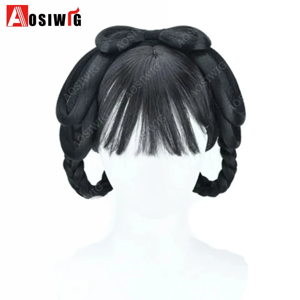  One-Piece Ancient Chinese Hanfu Full Wig With Bangs Heat Resistant Synthetic Braided Pre-Styled Hair Bun Hairpiece For Women C