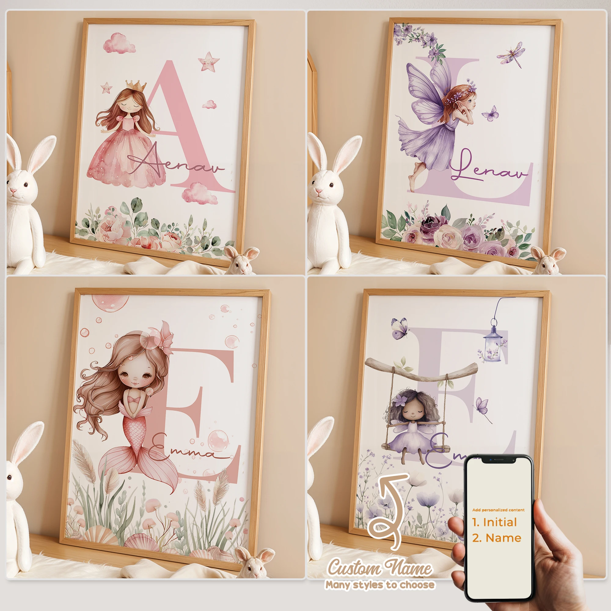 

1pcs Custom Kids Cartoon Personalized Name Pink Princess Wall Art Canvas Print Picture Living Room Kids Room Home Decor