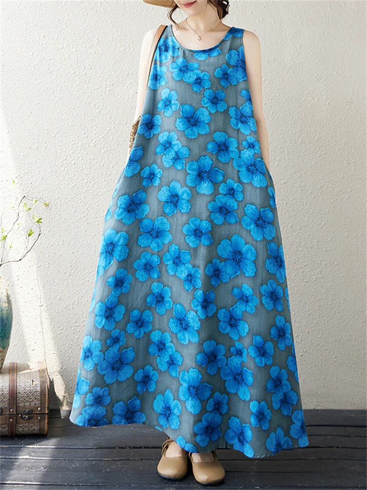 Cotton Vintage Sleeveless Dresses For Women 2024 New Summer Casual Loose Long Print Dress Femme Robe Vestidos Elegant Clothing