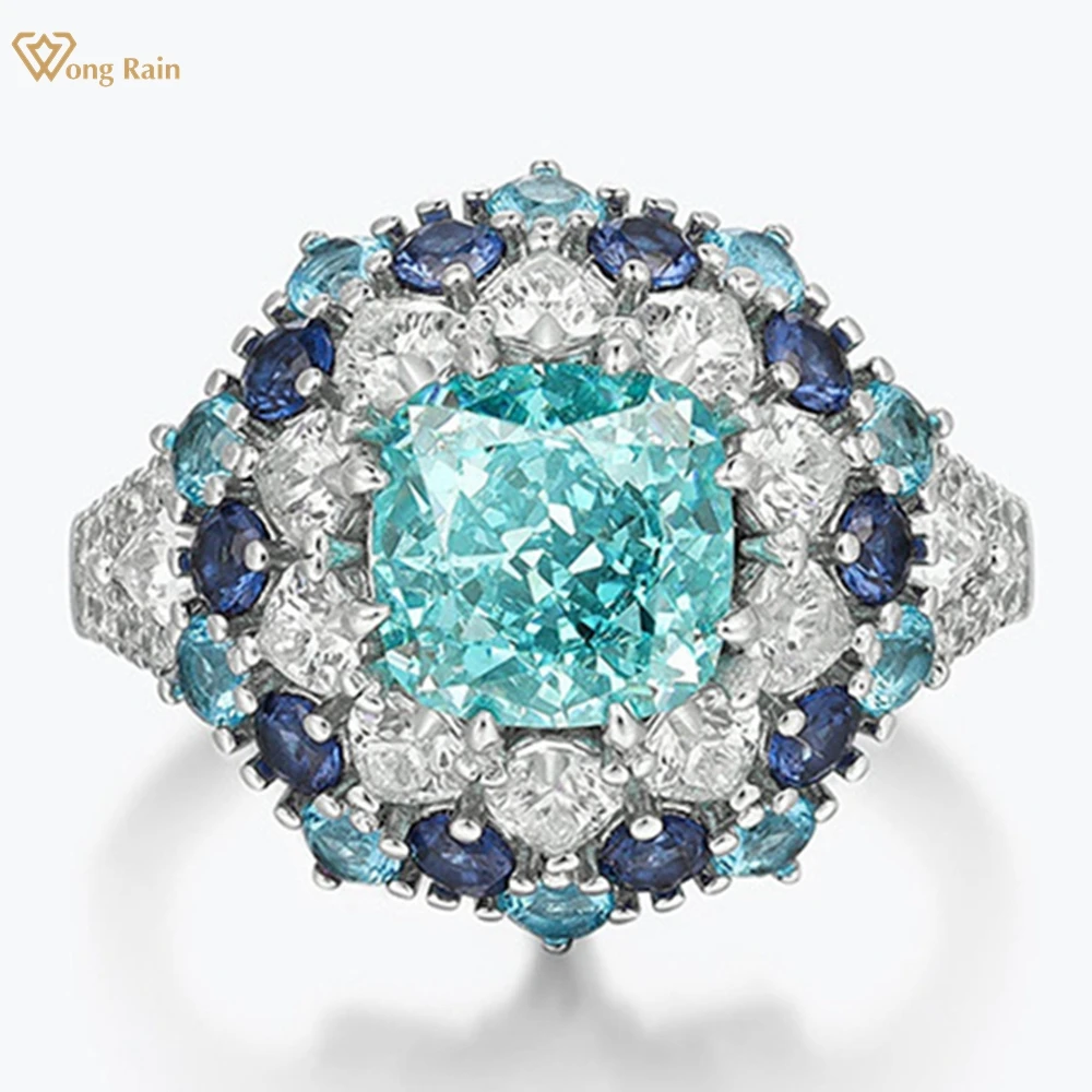 Wong Rain 100% 925 Sterling Silver Sparkling Paraiba Tourmaline High Carbon Diamond Gemstone Ring for Women Fine Jewelry Gifts