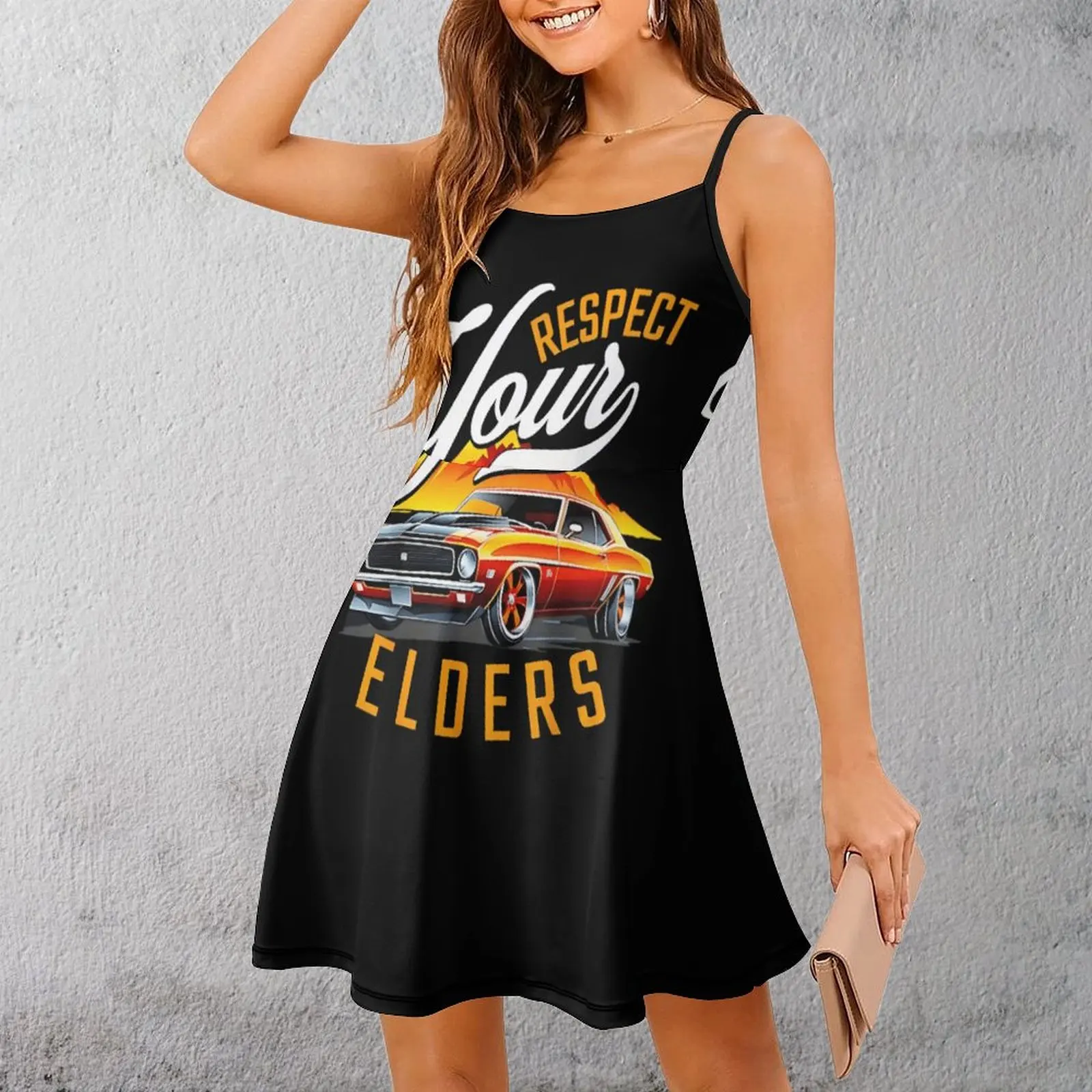 

Поважайте свои пожилые люди, мышечное автомобильное художественное женское платье на бретельках с юмором и графикой, винтажное сексуальное женское платье, коктейли
