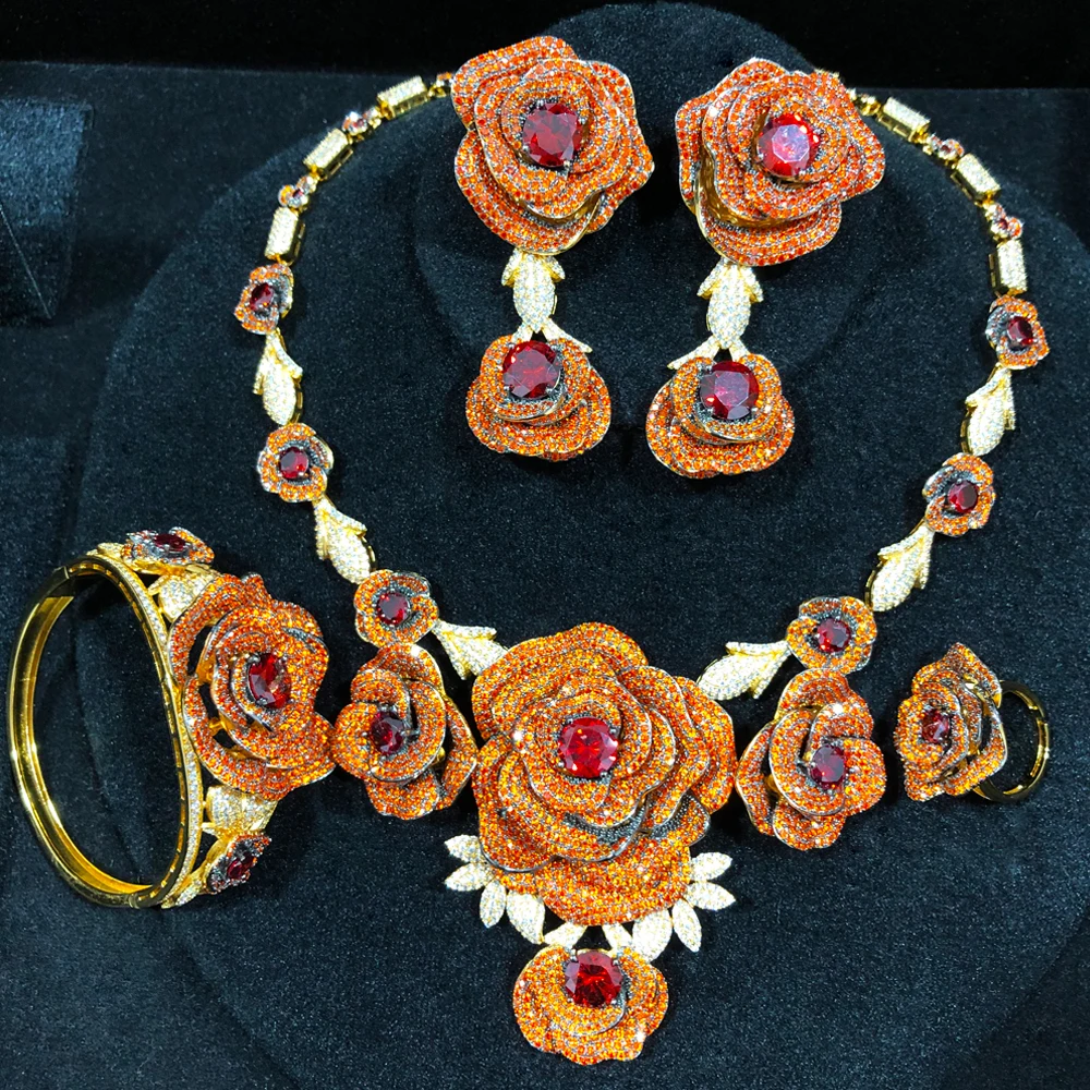 GODKI Trendy 4PCS Luxury Ruby Flower Statement Jewelry Set For Women Wedding Cubic Zircon Indian African Dubai Bridal Necklace