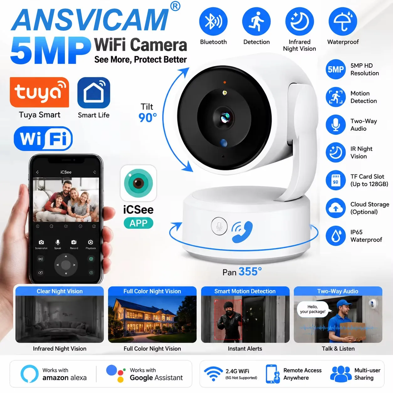 5MP Baby Monitor WiFi PTZ Camera Indoor Security Camera Auto Tracking Color Night Vision IP Surveillance Camera Tuya App