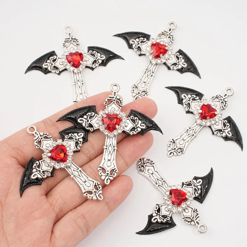 1Pc Gothic Bat Wing Cross Pendant Red Heart Imitation Crystal Devil Wing Cross Pendant Necklace Bracelet Jewelry Accessories