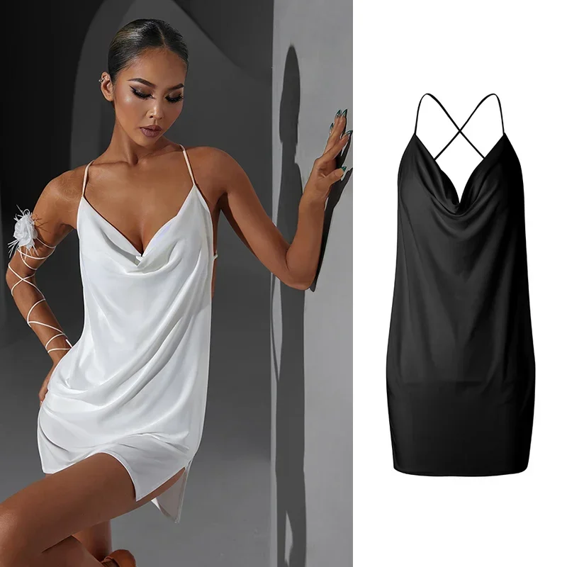 

Sexy Latin Dance Dress Women Backless Latin Practice Clothes Rumba Cha Cha Dance Costume Adult Dancewear Black Dress DNV17794