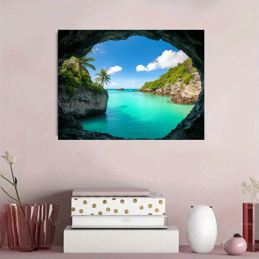 1PC-Canvas poster Unframed  Tropical Beach View Through Cave Opening Ocean Landscape Art Print  summer