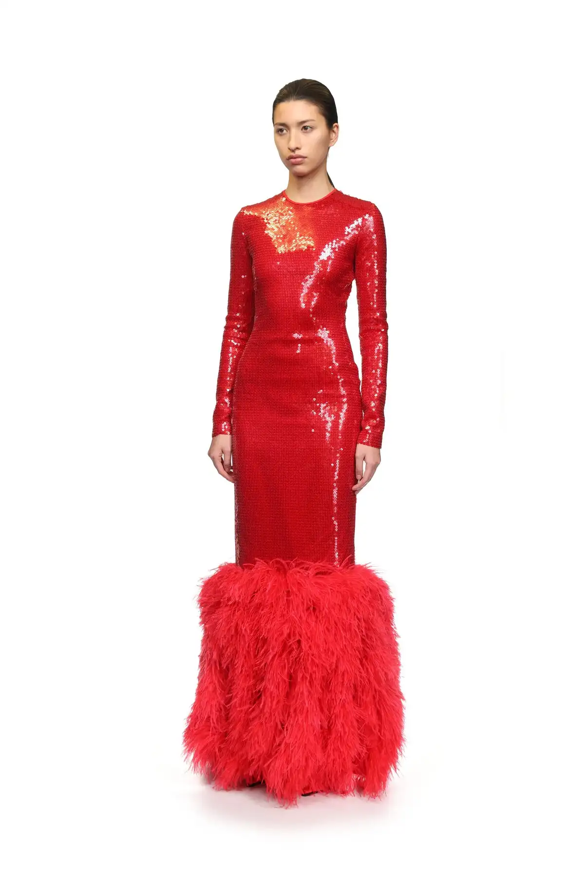 New Fashionable David Koma Dresses Red Designer Handmade Personalized Long Glitter and Fur Design Top Version Dress