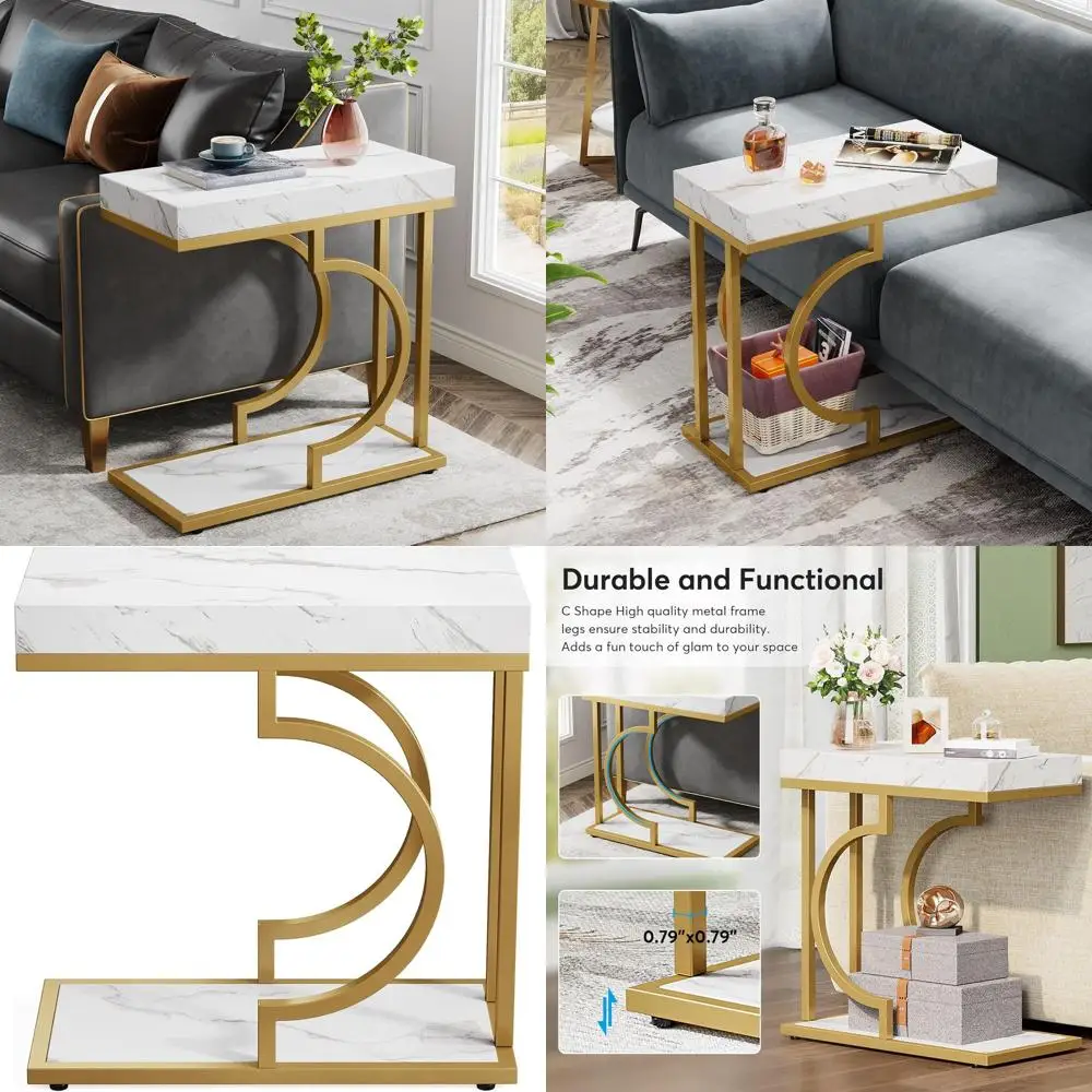 

White and Gold C-Shaped Side Table for Small Beds, Couches, or Living Room (Set of 2)