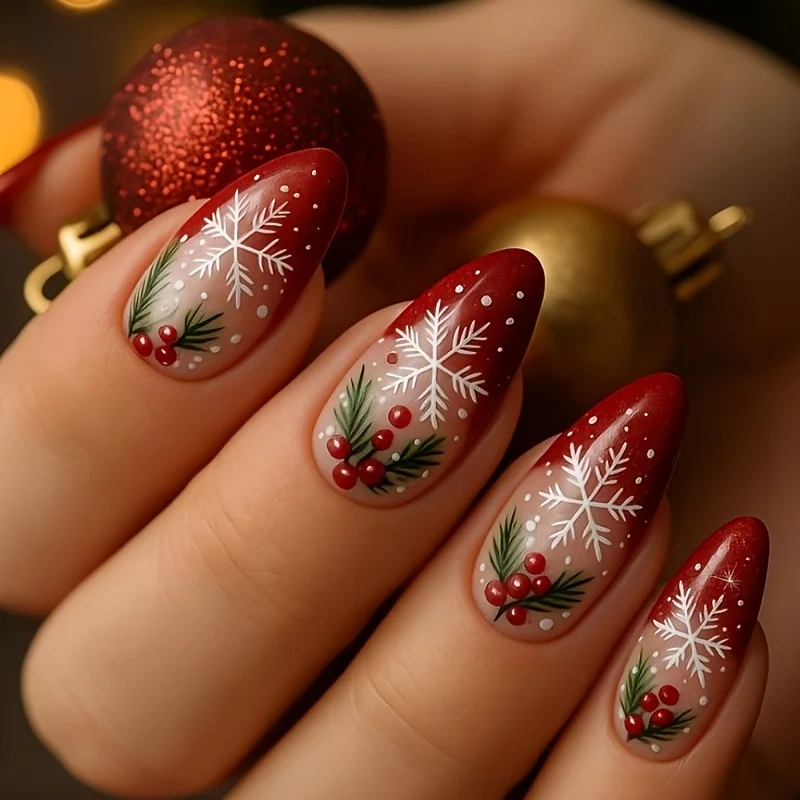 Neue 24 Stück Mandel-Weihnachtsnägel mit roten französischen Punkten und Schneeflockenbeeren zum Aufdrücken, abnehmbare künstliche Nägel