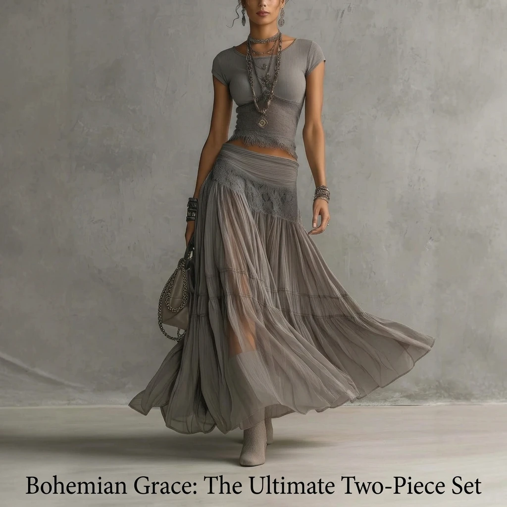 2 Piece Skirt Set Women Bohemian Grey Knit Top and Flowy Chiffon Pleated Maxi Skirt - view 4