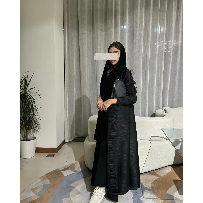 Muslim Abaya Black Simple Commuter Fashion Pleated Loose Long Trench Coat Jacket 2024 Fall New