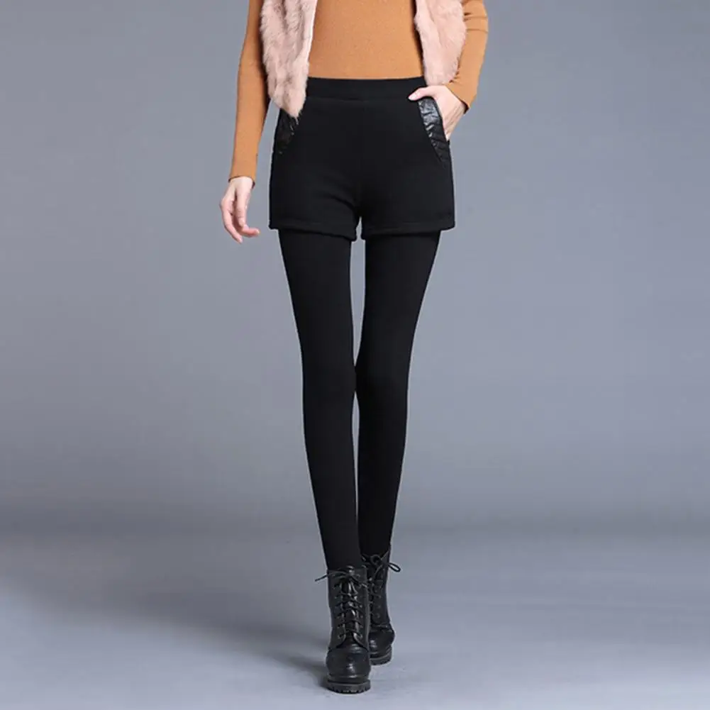 High-Waist Elastic Waistband Pockets Thickened Leggings Shorts Women Fake Two Piece Fleece Lining Leggings Skirt