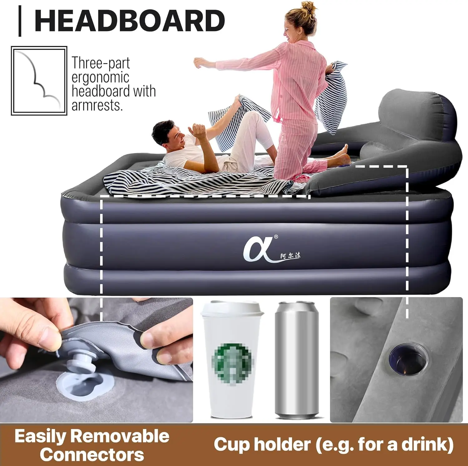 A-ER-FA Colchão De Ar Com Cabeceira, Colchão De Ar Queen Size, Inflação Rápida De 3 Minutos, Airbed Inflável, 20 Polegadas Alta Blow Up Bed