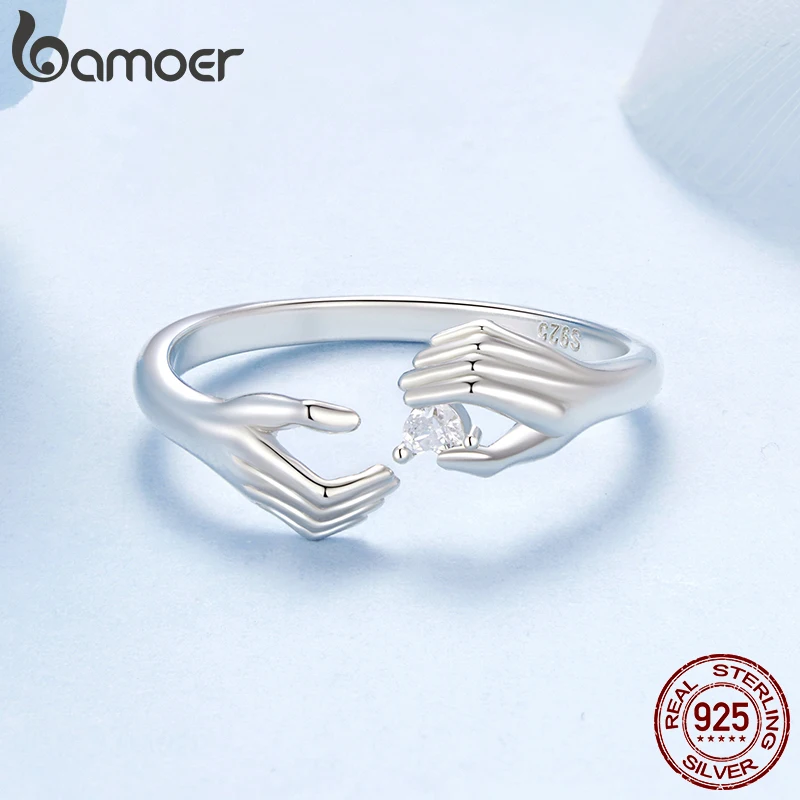 BAMOER 2025 Solid 925 Sterling Silver Hug Warmth and Love Hand Adjustable Ring for Women Party Jewelry, His Big Loving Hugs Ring