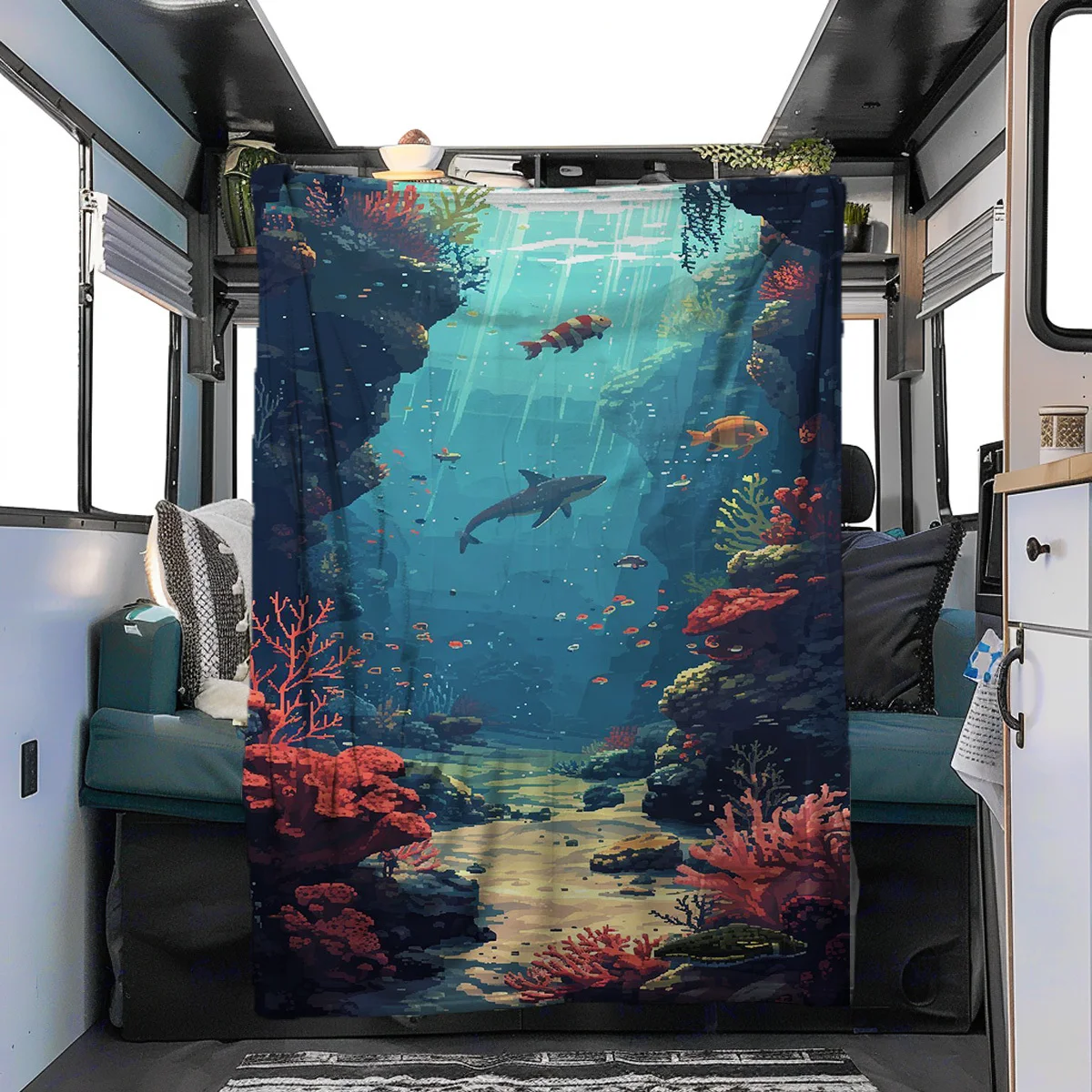 Vivid Seabed Landscape Marine Animal Pattern Flannel Fleece Blanket Warm Plush Bed Throw for Living Room Office Travel Household