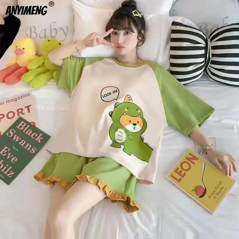 Plus Size Womens Pajamas M-5XL Summer Shorts Sleepwear Leisure Womans New Big Size Ladies Cute Cartoon Printing Pyjama Home Suit