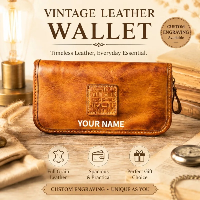 Vintage Handmade Vegetable Tanned Leather Long Wallet Large Capacity Clutch Purse Card Holder Custom Engraved