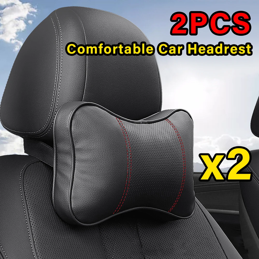 2PCS Top Quality Cowhide Car Neck Pillows Headrest Neck Pillow Support Auto Universal Seat Soft Breathable Interior Decoration