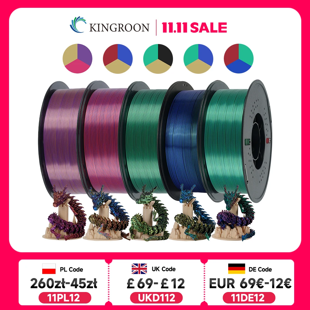 KINGROON 5 كجم خيوط PLA الحريرية ثلاثية الألوان 1.75 مم، مادة طباعة ثلاثية الأبعاد بثق ثلاثي الأبعاد ثلاثية الألوان، تغيير لون جديد، 5 لفة 1 كجم/بكرة