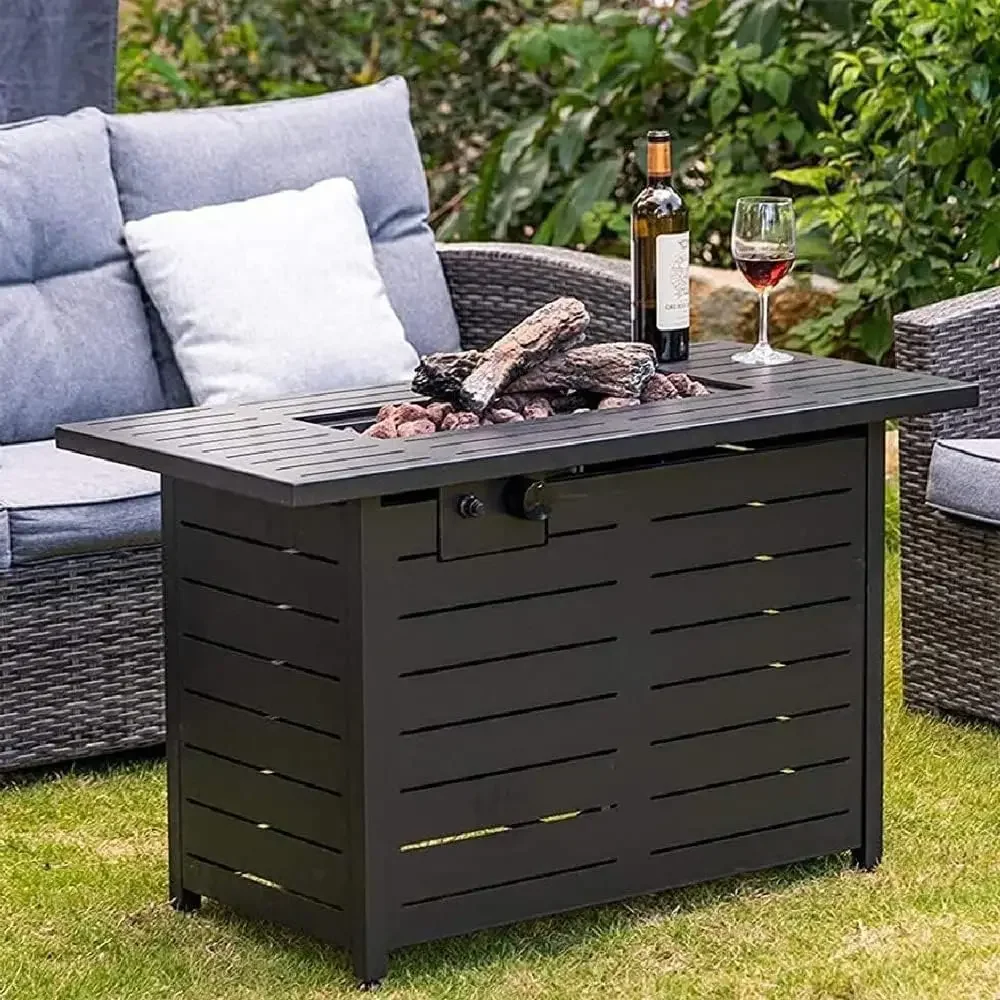 Outdoor Propane Fire Pit Table for Outside Patio Rectangular Gas Fire Pit Coffee Table with Firepit, Waterproof Cover