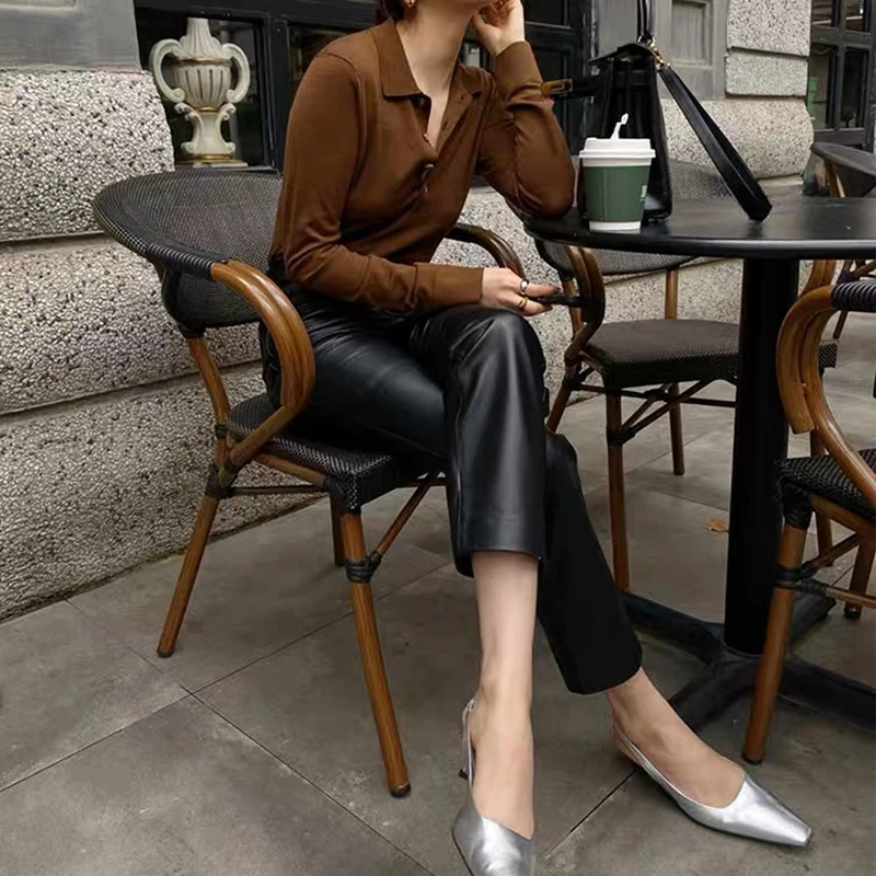 Genuine Leather Pants for Women High Waist Casual Pencil Pants Autumn Winter Ankle-Length Pants 2023 Chic Ladies Sheepskin Pants