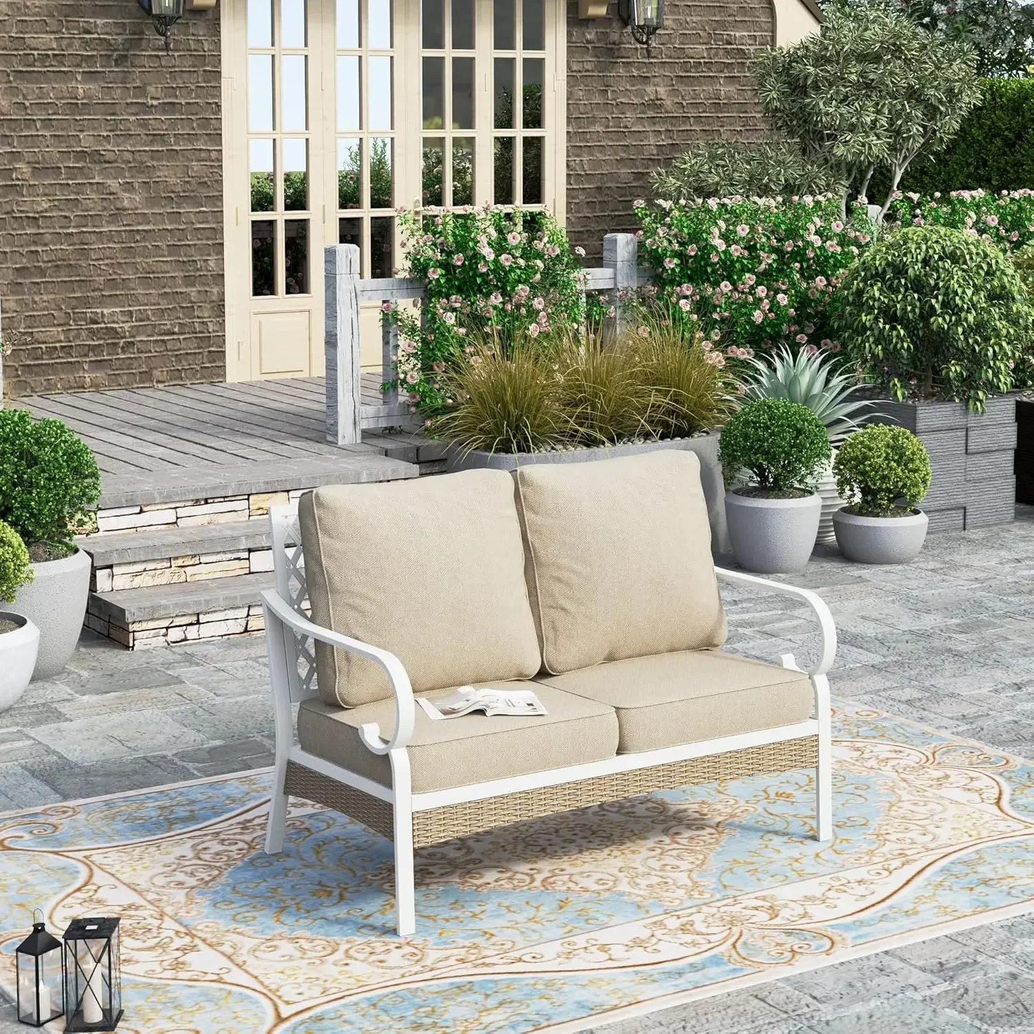 

Patio Furniture Sofa, All-Weather 2-Seat Lover Sofa, Outdoor Couch with Deep Seating and Olefin Cushions , Beige
