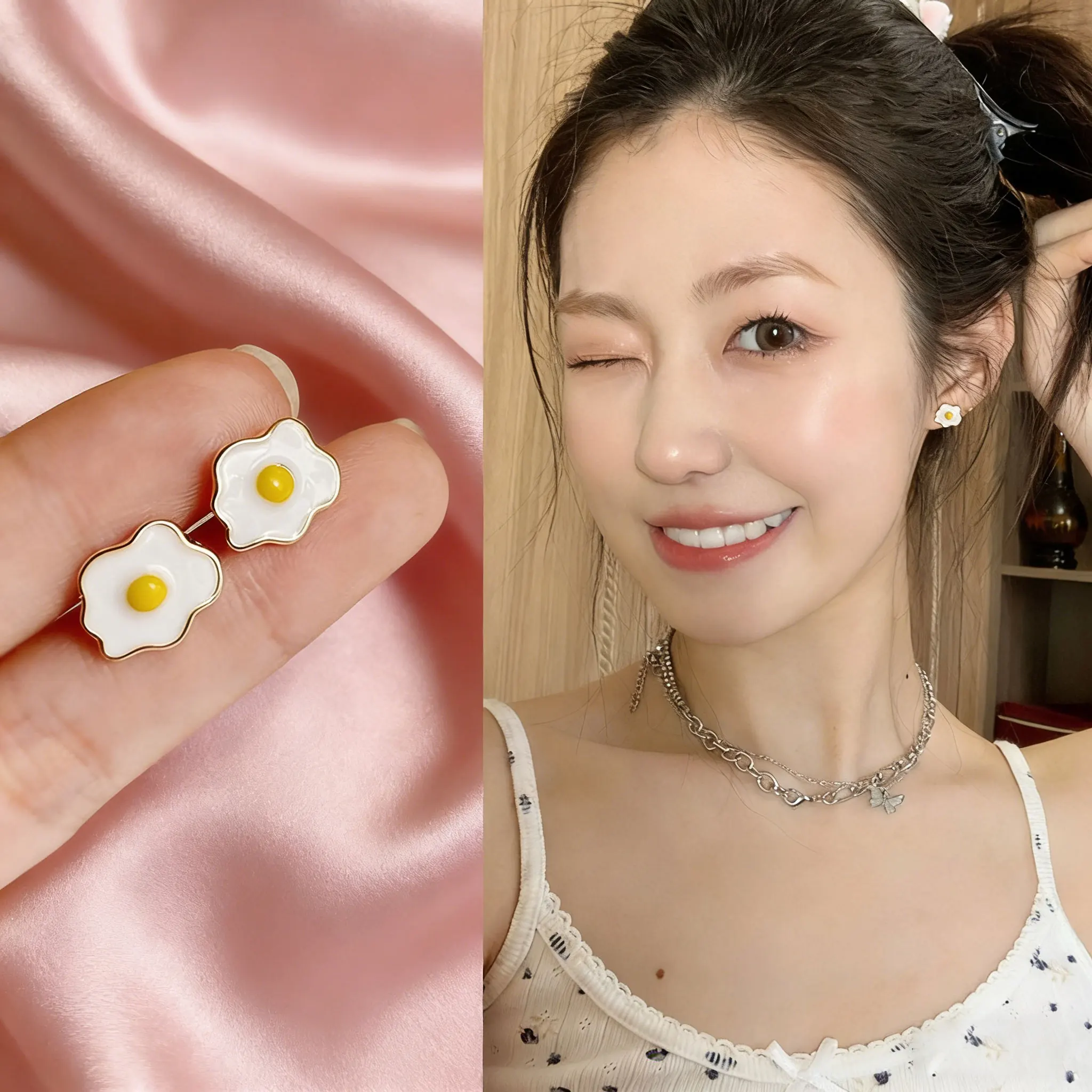 

Women's Poached Egg Enamel Studs Creative Cute Style Alloy Silver Plated Trendy Gift
