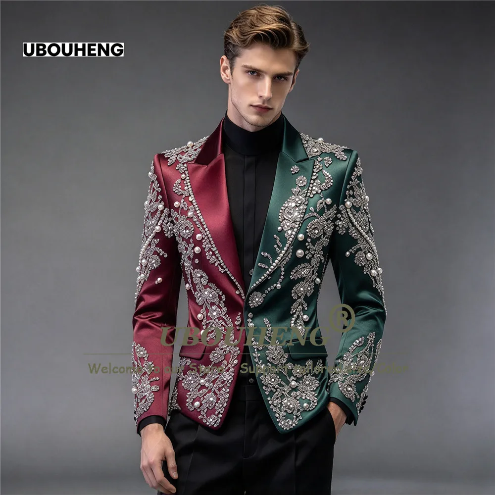 Designer Suits Men Brilliant Asymmetrical Spliced Stain Satin Jacket With Black Pants 2 Piece Sets Beaded Pearls Groom Tuxedo