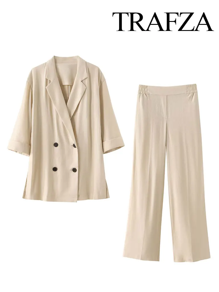 TRAFZA 2024 Summer Women Fashion 2 Piece Flax Suits Trend Solid Blazer Top + Versatile Chic Elegant Female Wide Leg Long Pant