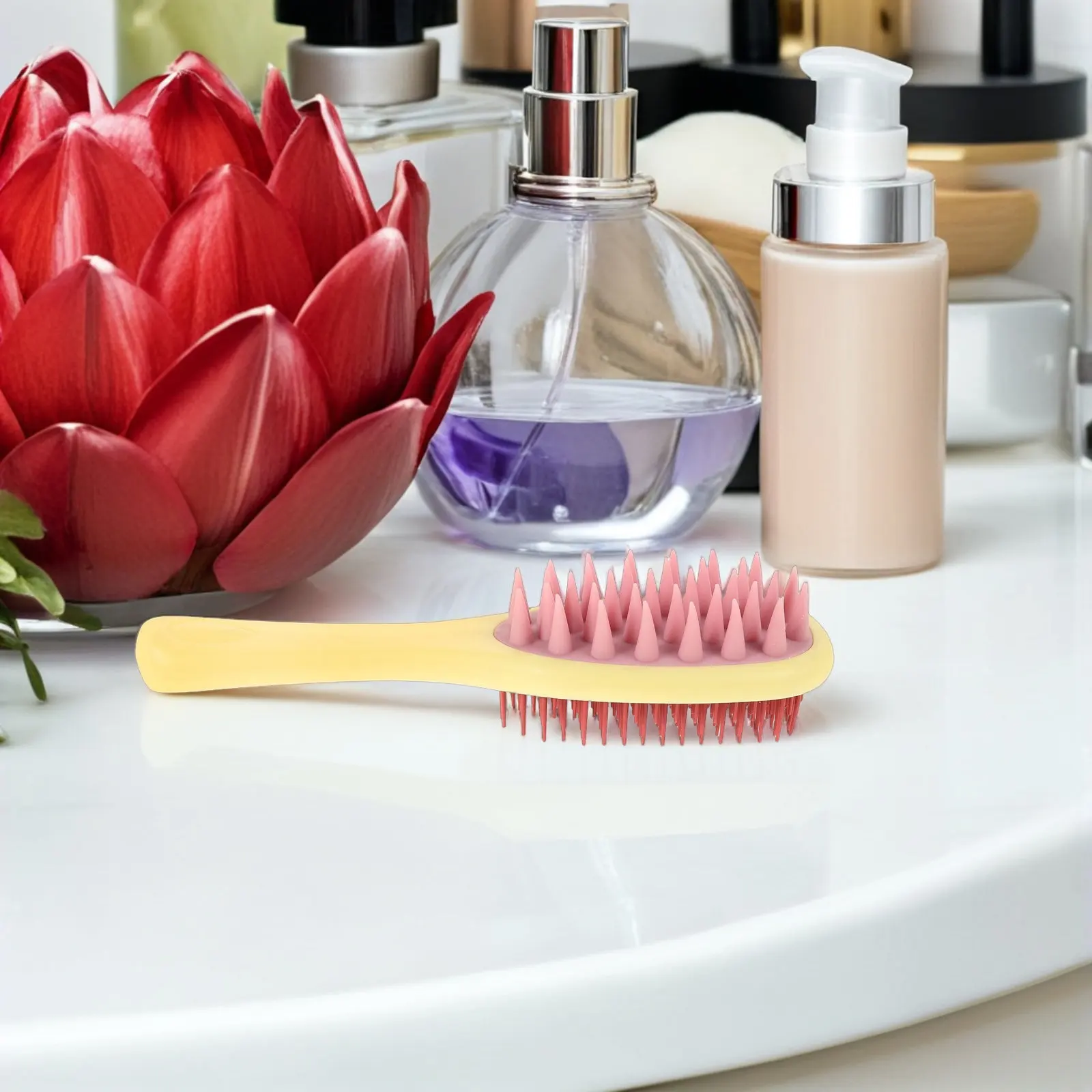 Pink & Red Hair Scalp Scrubber Brush with Yellow Handle for Deep Cleansing, Massage & Exfoliation