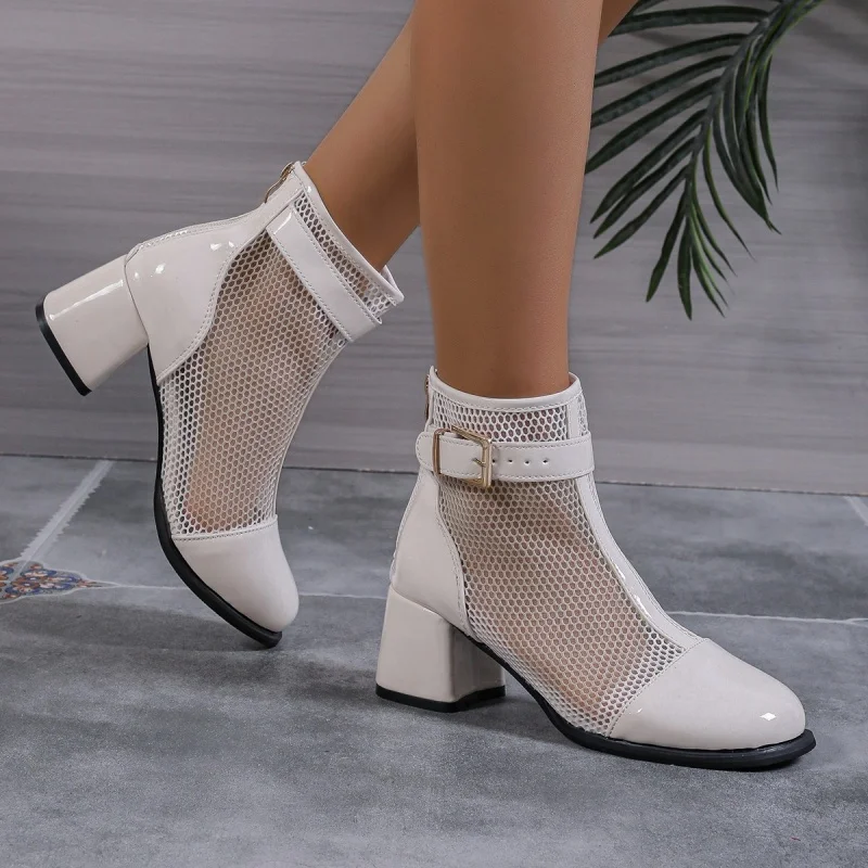 2024 new summer women Mesh Boots natural Leather shoes 22-24.5cm cowhide+mesh Thick soled  buckle back zip women sandals