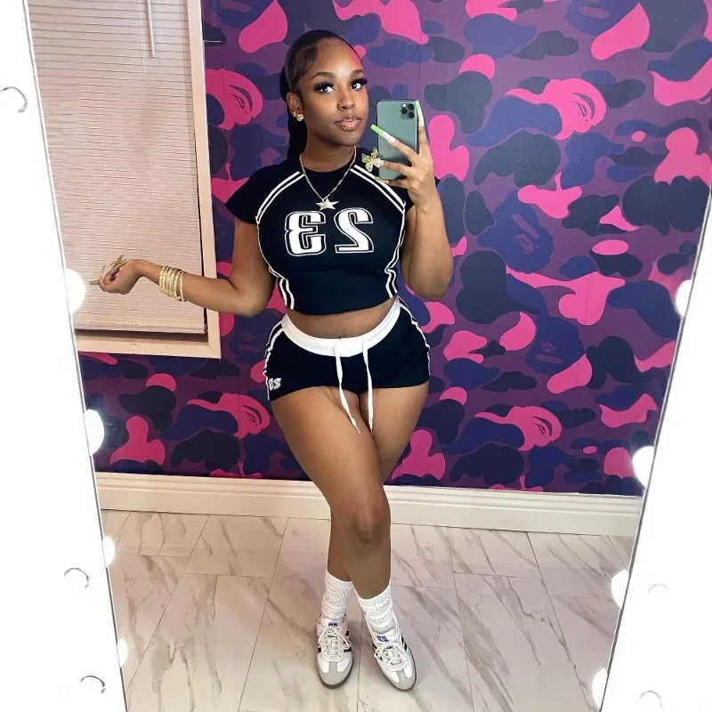 

Women Slim Letter Print Tracksuits 2 Piece Set Color Patchwork O-neck Short Sleeve T-shirts Crop Tops + Shorts Fitness Suits