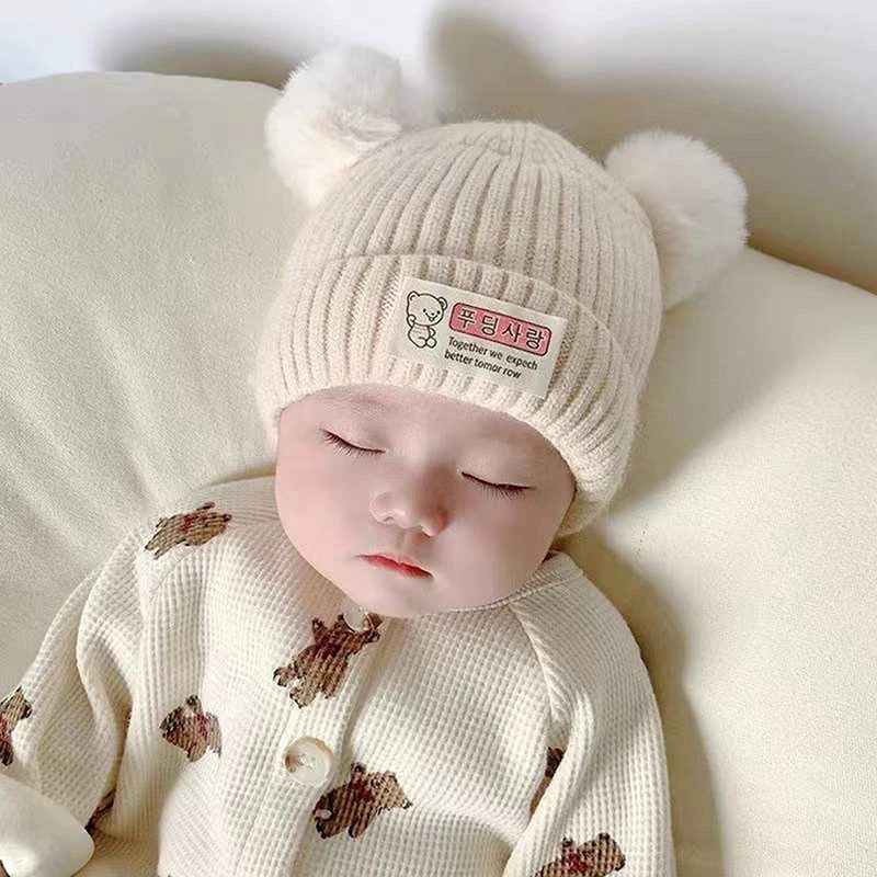 Cute Bear Knitted Earmuffs Hat For Children Winter Thick Warm Wool Hat For Infants And Toddlers