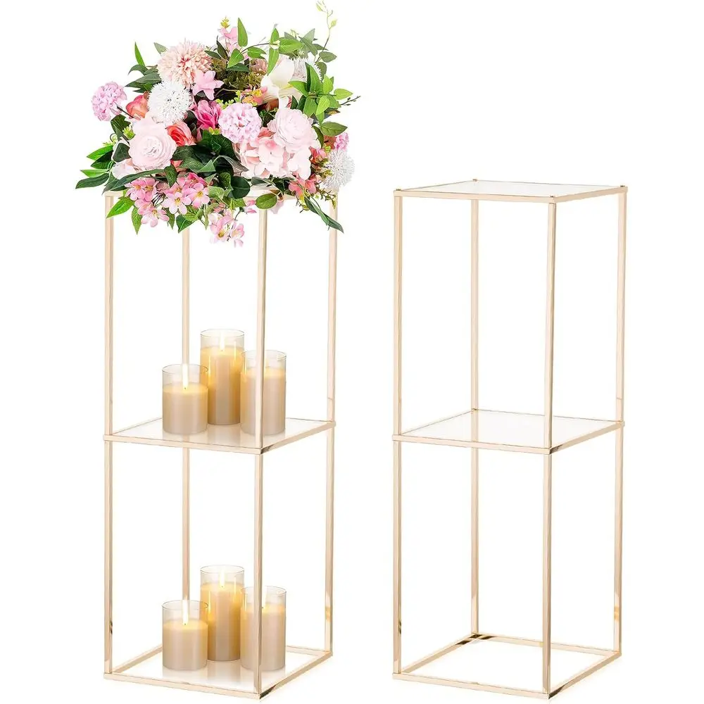 Gold 31.5 inch Tall Centerpiece or Wedding Table 2-layer Pedestal Stand Party Decoration Set of 2
