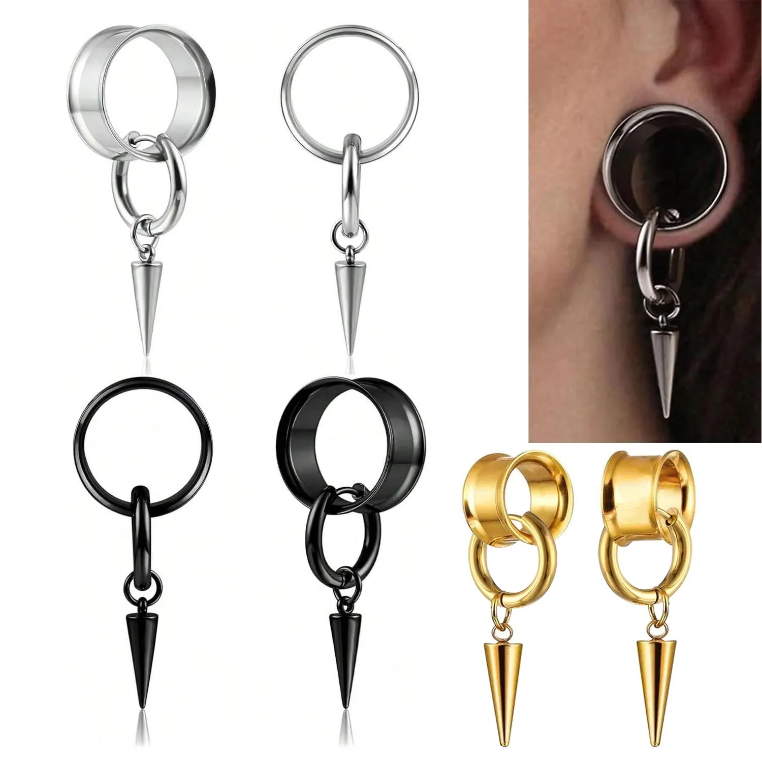 0g-1" 316 Edelstahl Doppel-Trompetenform mit spitzem Kegel, verlängerter Ohrclip-Tunnel-Plug, Körperschmuck, 2 Stück – Detail 1