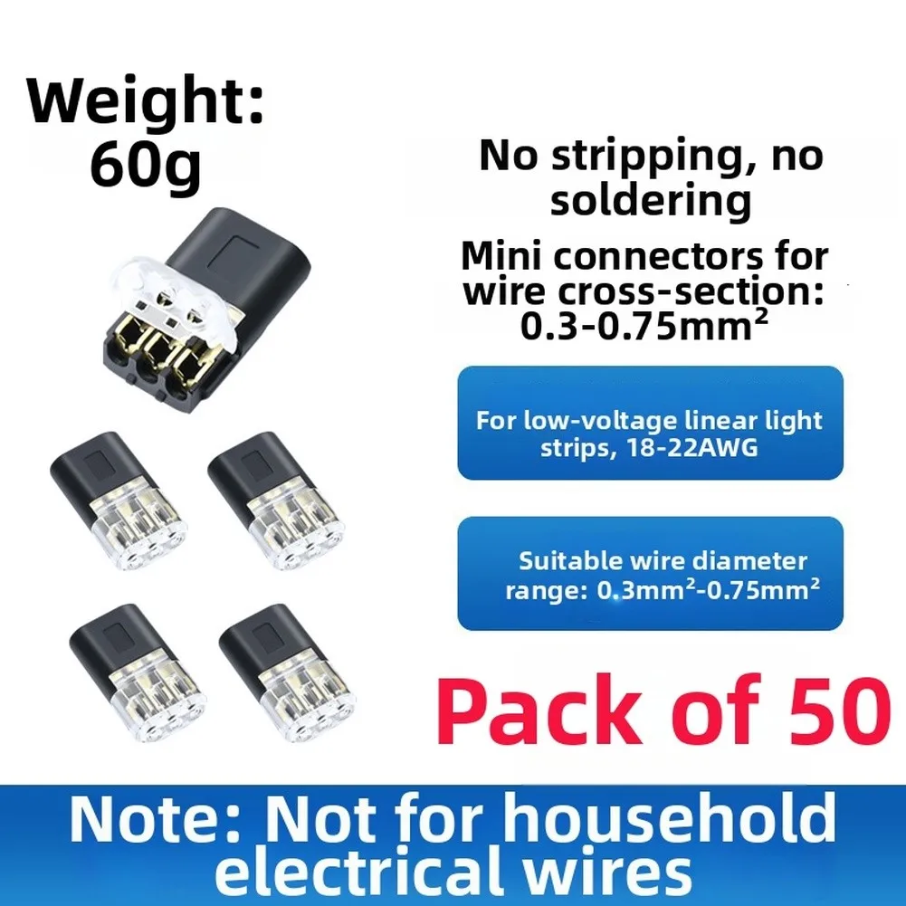 50pcs Solderless Quick Wire Connectors With Locking Clips For 3-Wire LED Strips, No Stripping Needed, 22-18 AWG Terminal Blocks