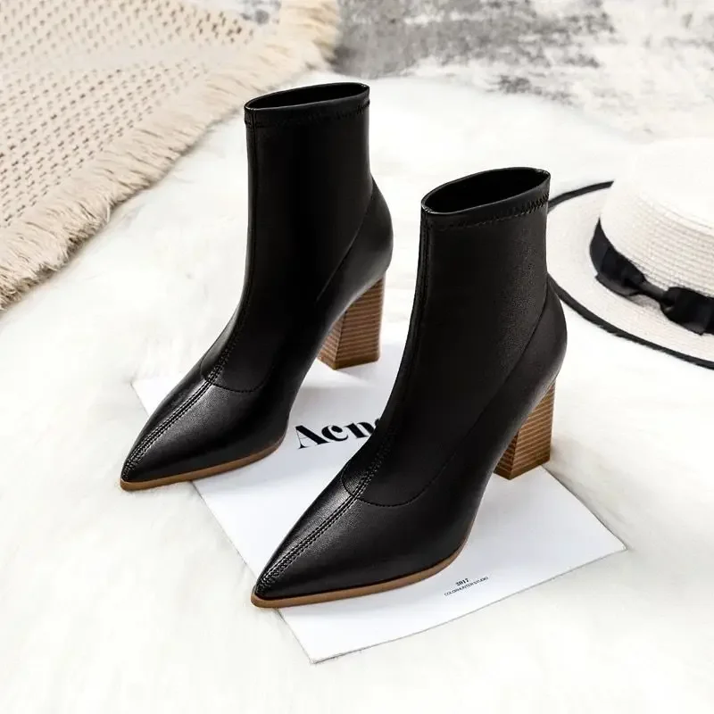 Ankle Boots For Women\'s Thick Heel Spring Autumn Single Boots New Pointed High Heels 7CM Nude Shoes Mid-heel Black Botas Mujer