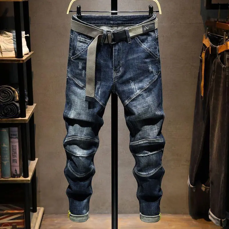 

High-End Patchwork Men's Jeans Trendy Street Sle Motorcycle Elastic Waed Slim Fit Pants for Autumn Seasonal Versatile Cot...