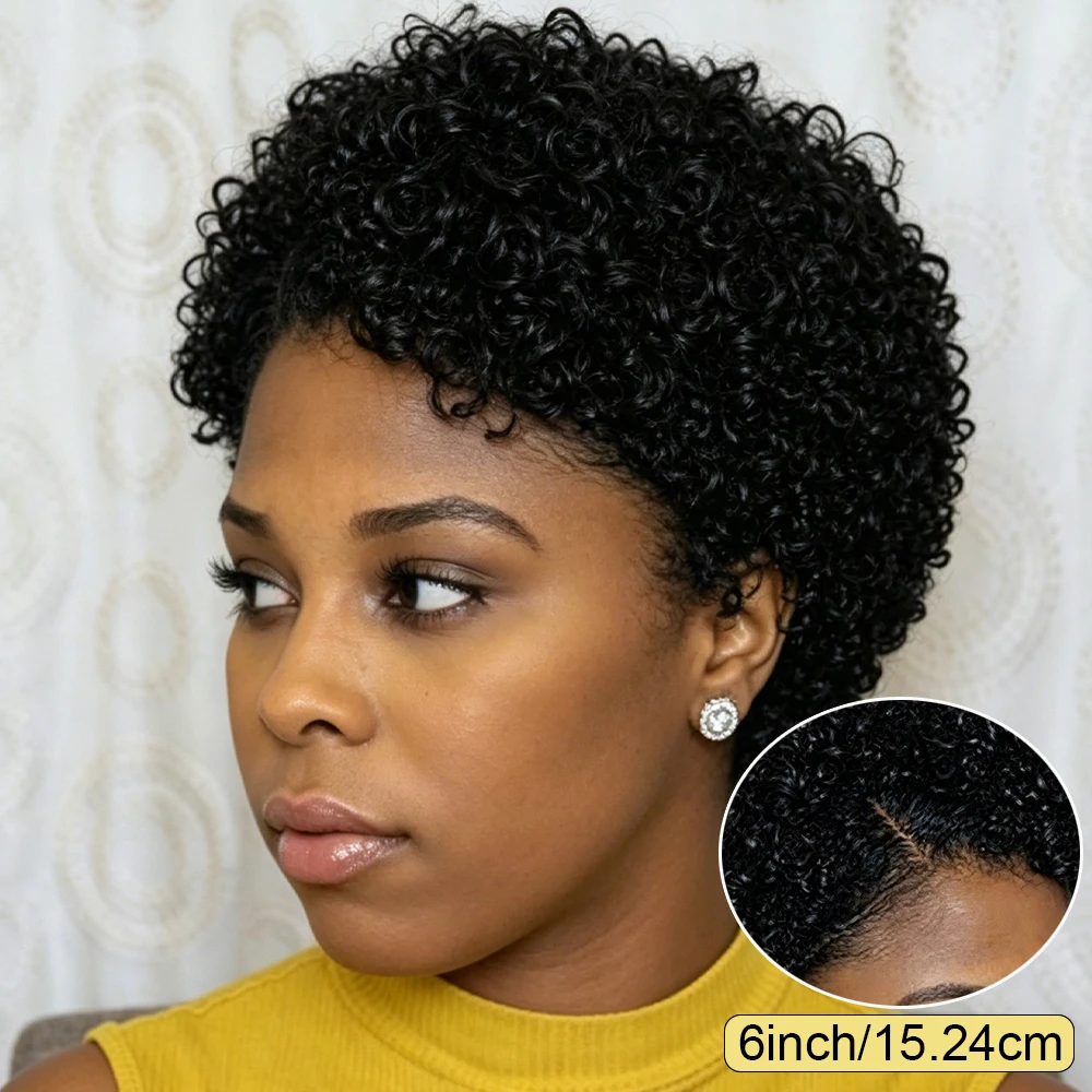 Natural Black Short Tight Kinky Curly Lace Front Pixie Cut Human Hair Wig Lightweight Solid Black Small Curl Short Lace Front Pixie Wig13x4x1 Lace Front Full Machine Made For Office Routine Dating & Various Formal Gatherings
