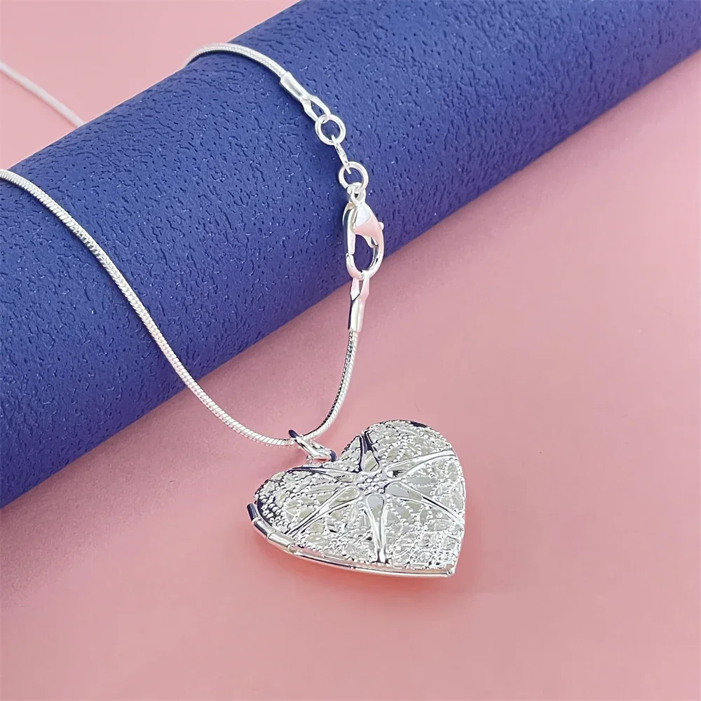 925 Silver Necklace Hollow Heart-Shaped Small Photo Frame Pendant, Suitable For Women's Daily Wear