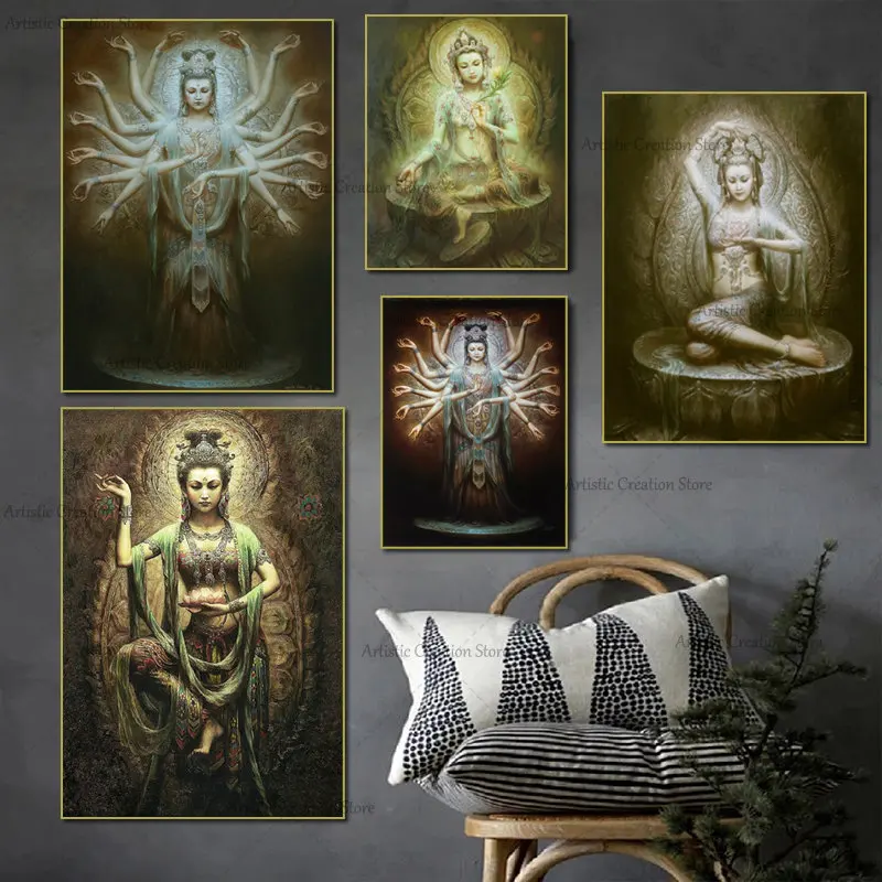 Kwan Yin and Guanyin Prints Canvas Painting Wall Pictures Room God Bless You Frame Art Posters for Modern Living Room Home Decor